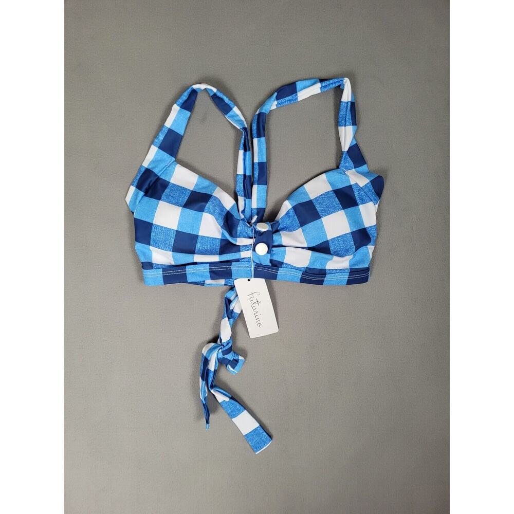 Futurino Women's Bikini Vintage 50s Plaid Pattern Halter Bikini Top- Small